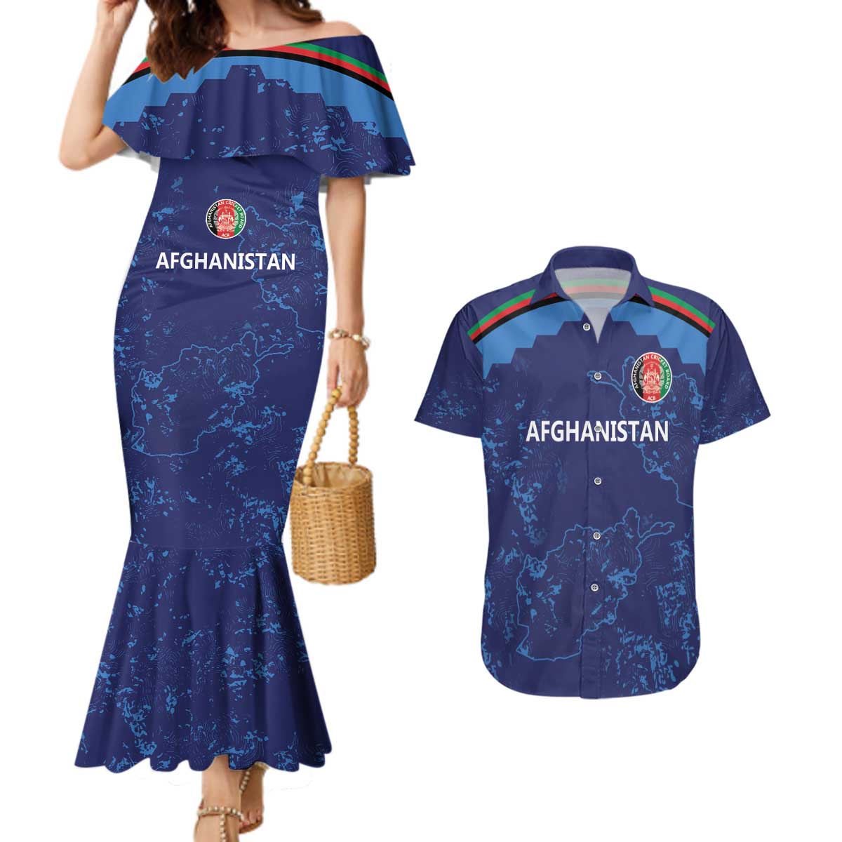 Afghan Atalans Cricket Custom Couples Matching Mermaid Dress and Hawaiian Shirt Afghanistan Map with Sporty Style