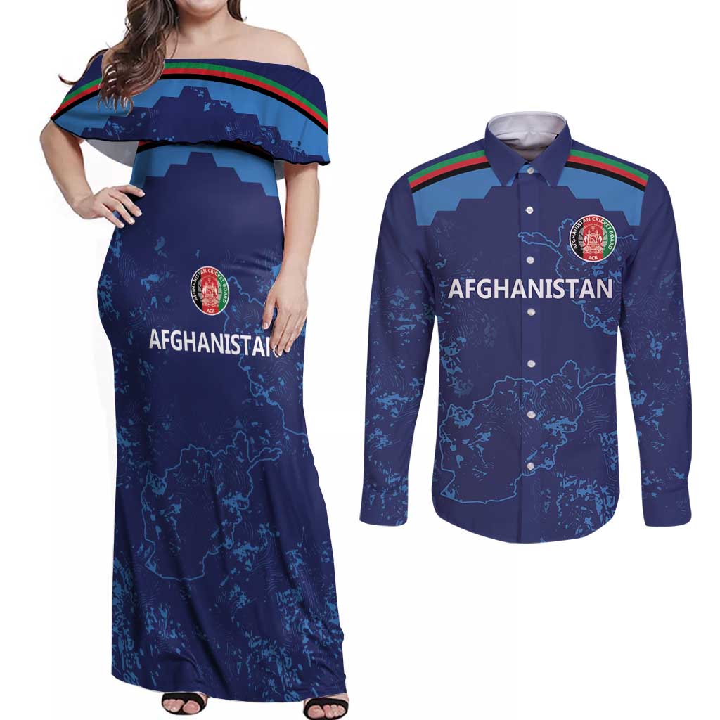 Afghan Atalans Cricket Custom Couples Matching Off Shoulder Maxi Dress and Long Sleeve Button Shirt Afghanistan Map with Sporty Style