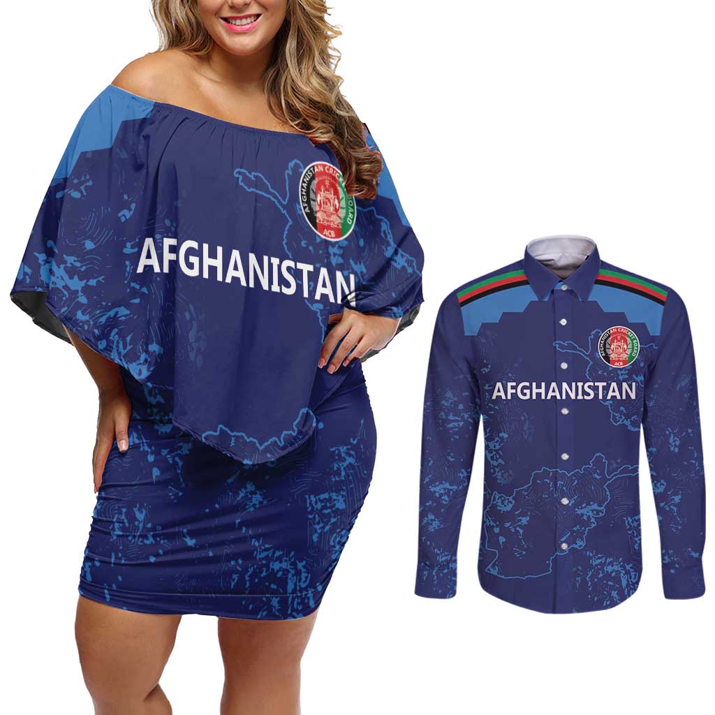 Afghan Atalans Cricket Custom Couples Matching Off Shoulder Short Dress and Long Sleeve Button Shirt Afghanistan Map with Sporty Style