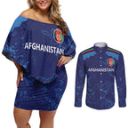 Afghan Atalans Cricket Custom Couples Matching Off Shoulder Short Dress and Long Sleeve Button Shirt Afghanistan Map with Sporty Style