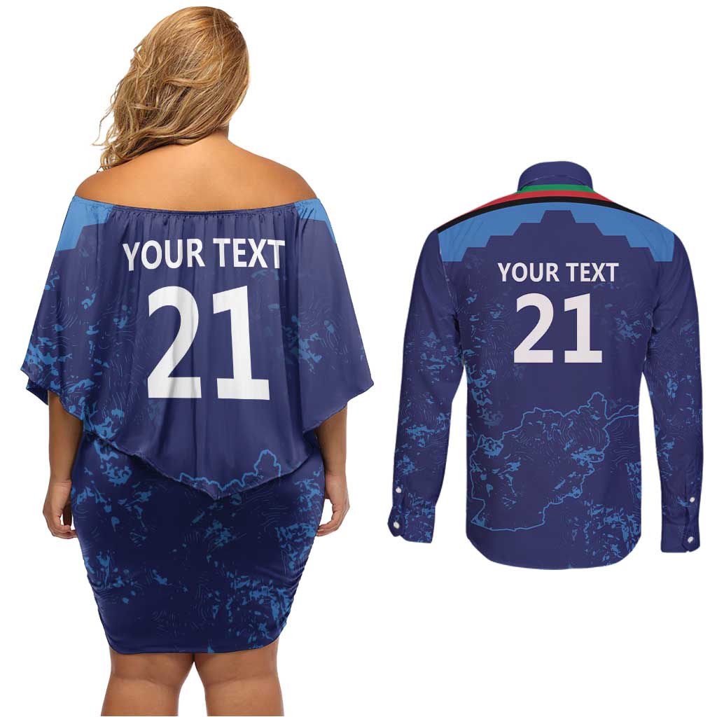 Afghan Atalans Cricket Custom Couples Matching Off Shoulder Short Dress and Long Sleeve Button Shirt Afghanistan Map with Sporty Style