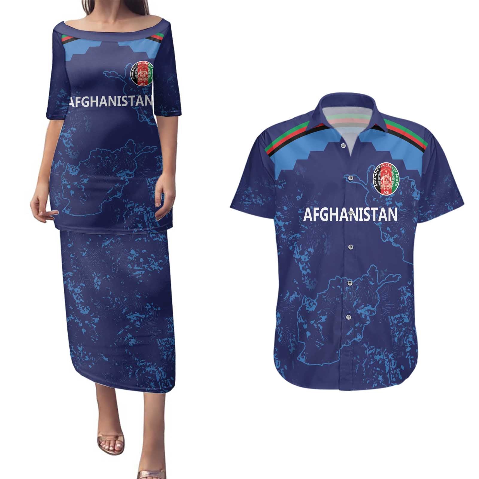 Afghan Atalans Cricket Custom Couples Matching Puletasi and Hawaiian Shirt Afghanistan Map with Sporty Style