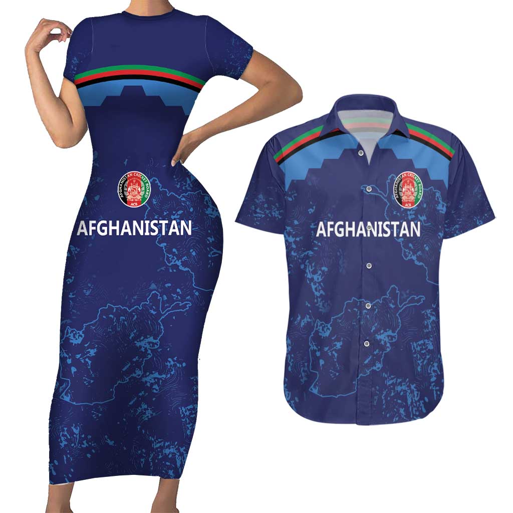 Afghan Atalans Cricket Custom Couples Matching Short Sleeve Bodycon Dress and Hawaiian Shirt Afghanistan Map with Sporty Style
