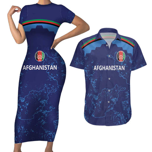Afghan Atalans Cricket Custom Couples Matching Short Sleeve Bodycon Dress and Hawaiian Shirt Afghanistan Map with Sporty Style