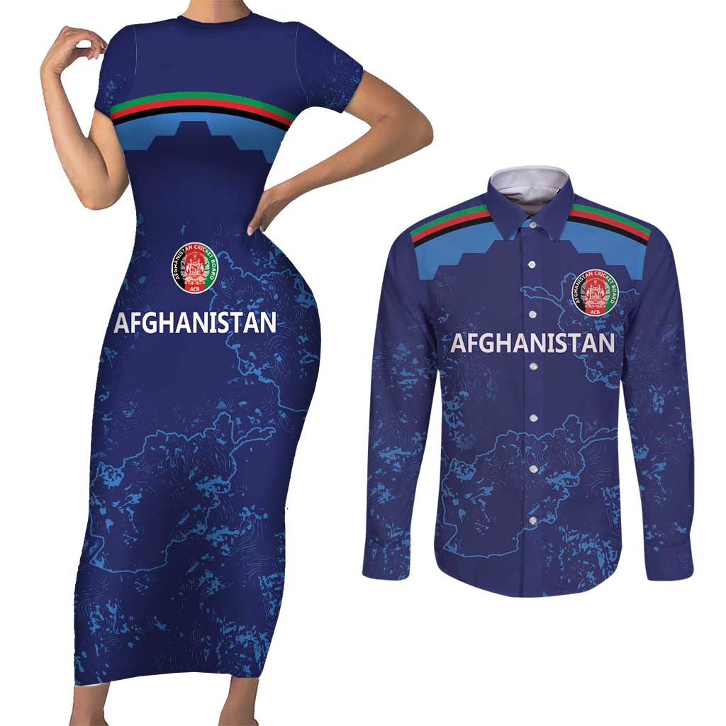 Afghan Atalans Cricket Custom Couples Matching Short Sleeve Bodycon Dress and Long Sleeve Button Shirt Afghanistan Map with Sporty Style