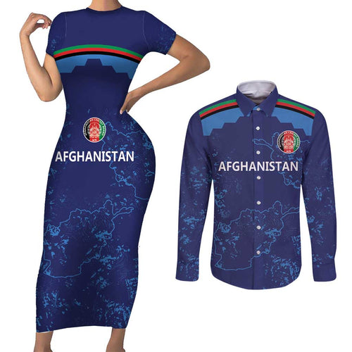 Afghan Atalans Cricket Custom Couples Matching Short Sleeve Bodycon Dress and Long Sleeve Button Shirt Afghanistan Map with Sporty Style