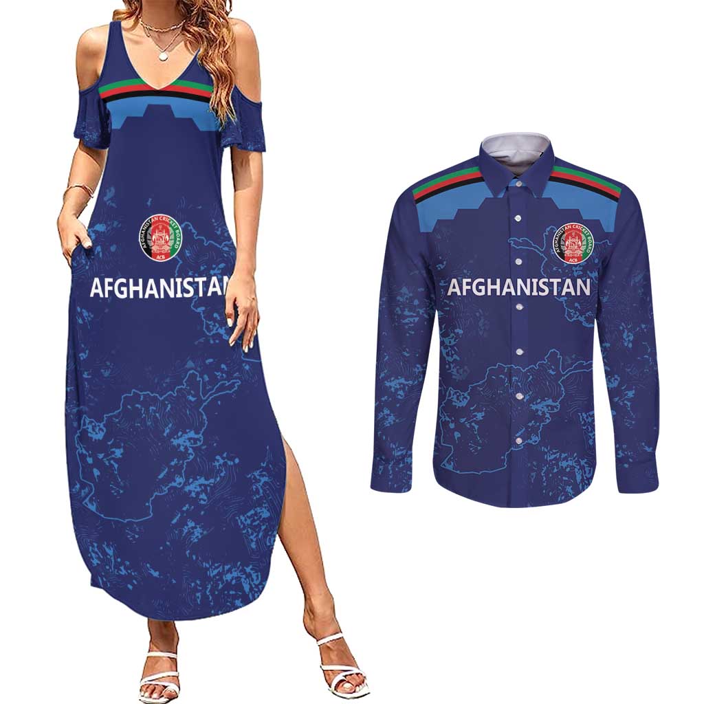 Afghan Atalans Cricket Custom Couples Matching Summer Maxi Dress and Long Sleeve Button Shirt Afghanistan Map with Sporty Style