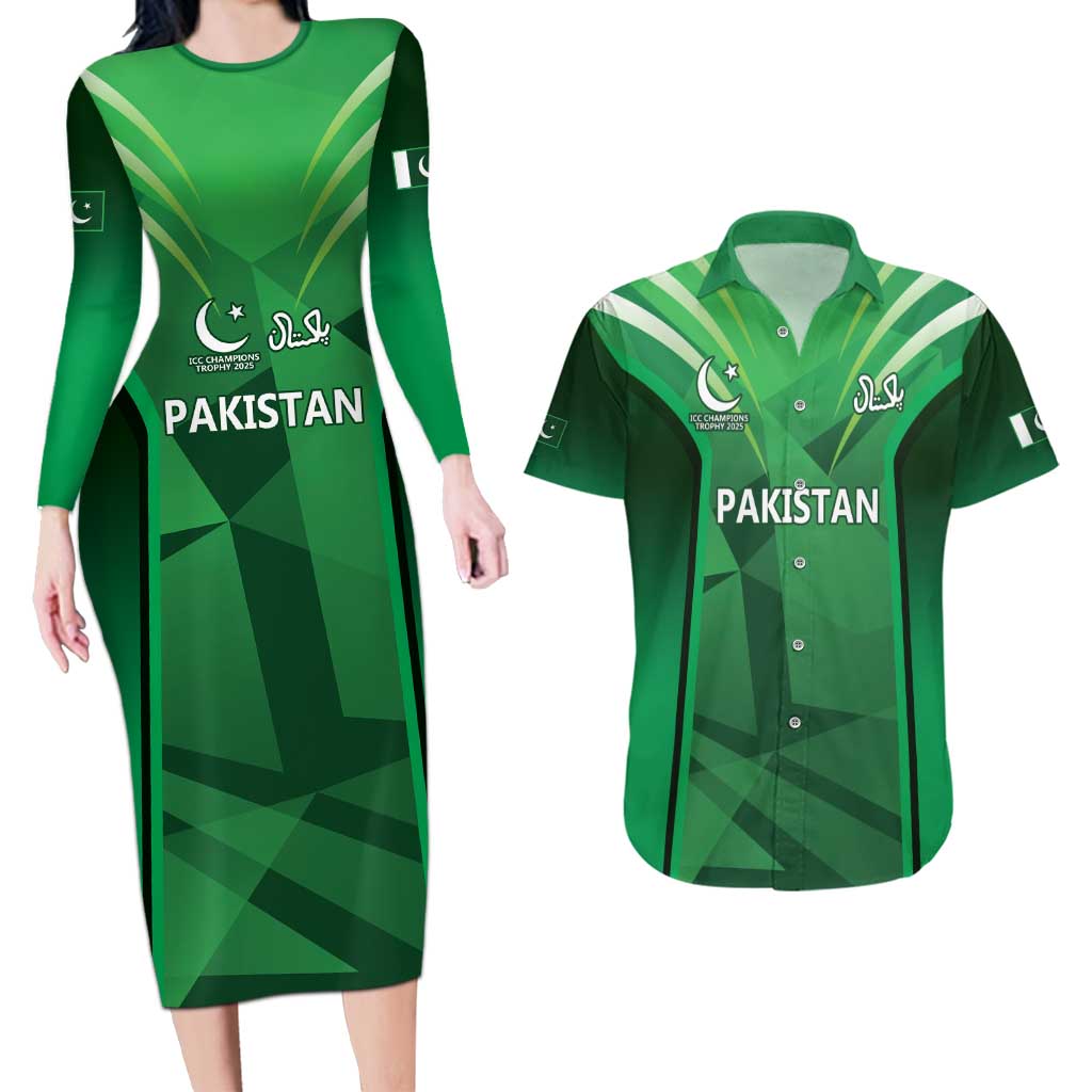 Pakistan Cricket Custom Couples Matching Long Sleeve Bodycon Dress and Hawaiian Shirt The Green Shirts with Sporty Pattern