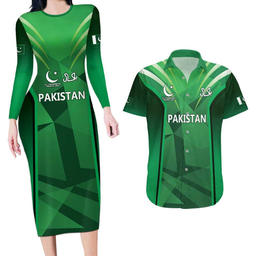 Pakistan Cricket Custom Couples Matching Long Sleeve Bodycon Dress and Hawaiian Shirt The Green Shirts with Sporty Pattern