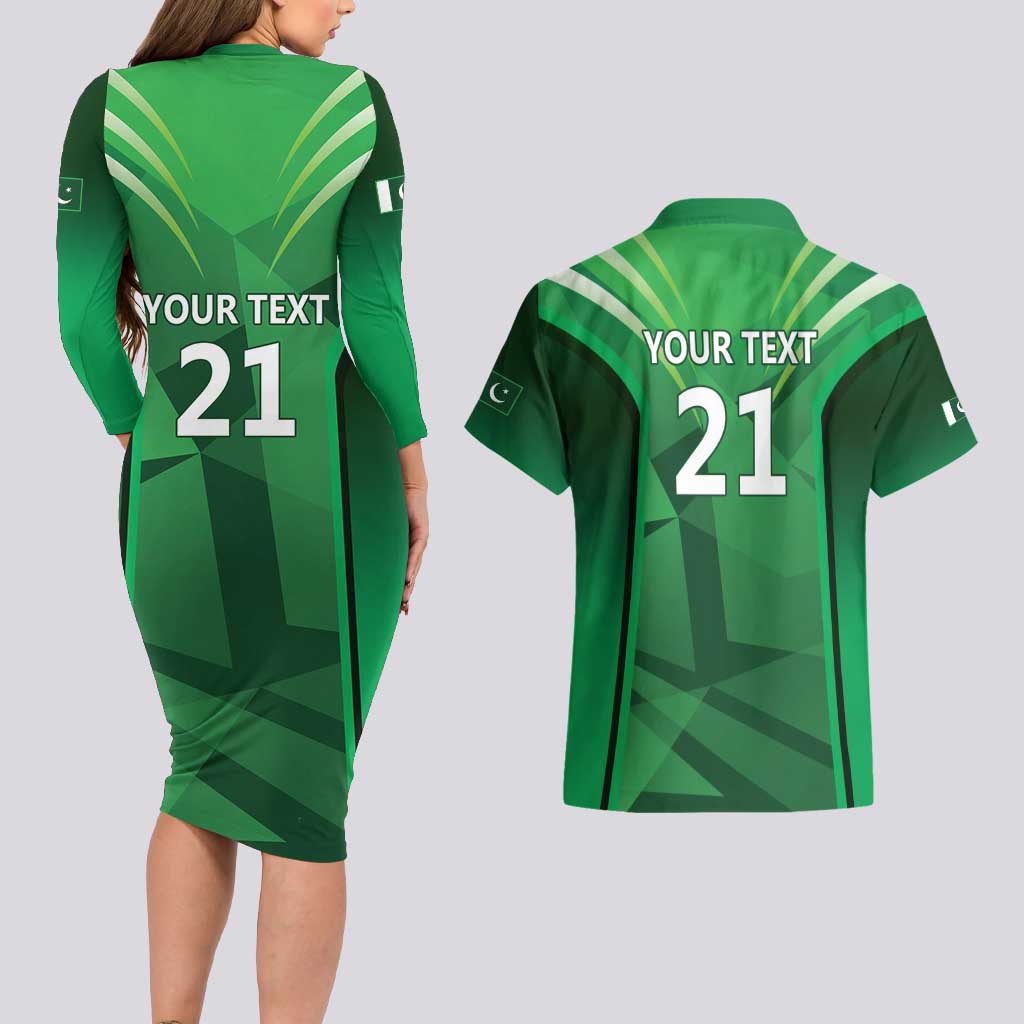 Pakistan Cricket Custom Couples Matching Long Sleeve Bodycon Dress and Hawaiian Shirt The Green Shirts with Sporty Pattern