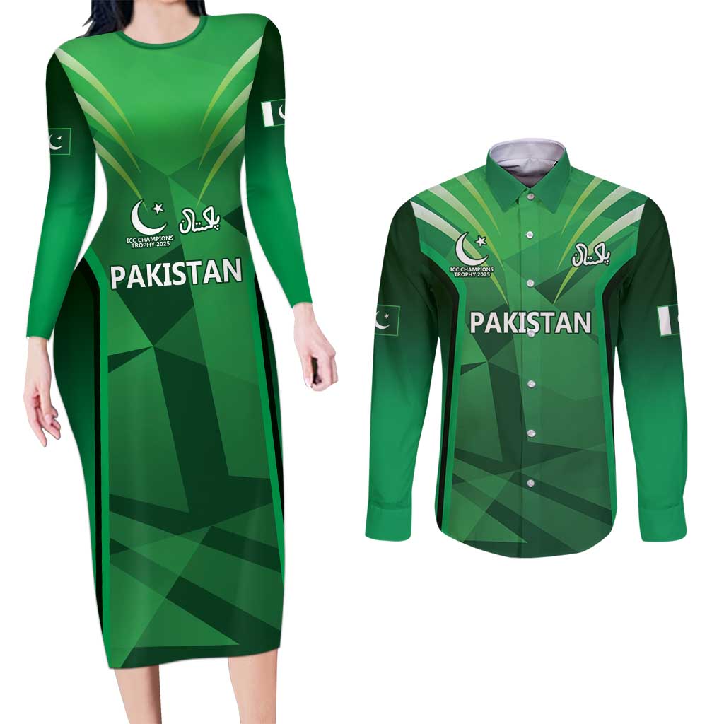 Pakistan Cricket Custom Couples Matching Long Sleeve Bodycon Dress and Long Sleeve Button Shirt The Green Shirts with Sporty Pattern