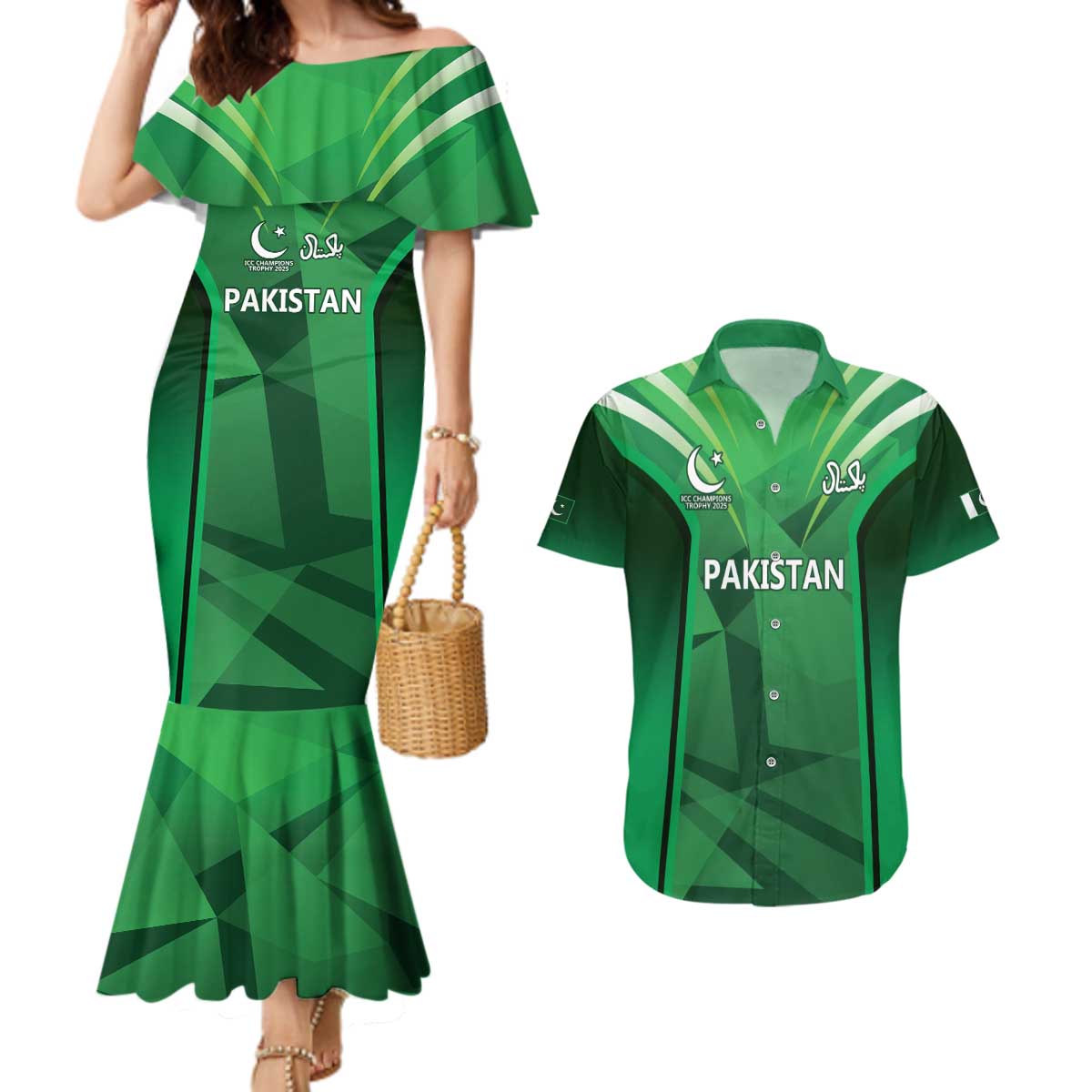 Pakistan Cricket Custom Couples Matching Mermaid Dress and Hawaiian Shirt The Green Shirts with Sporty Pattern