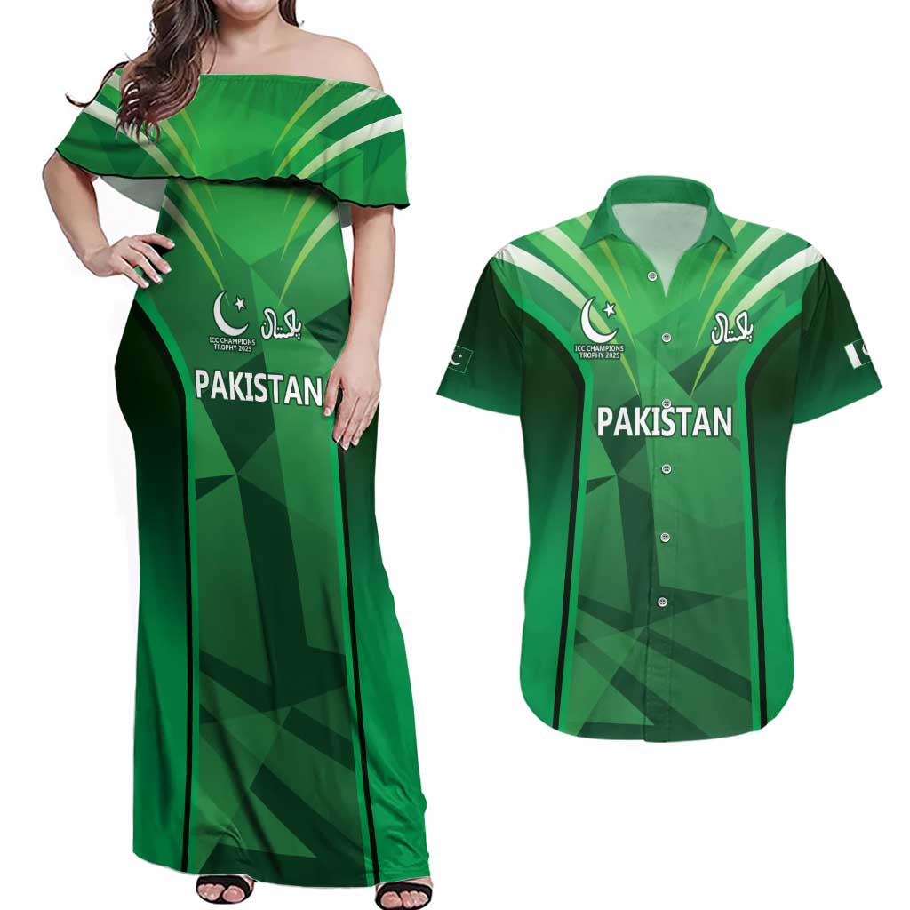 Pakistan Cricket Custom Couples Matching Off Shoulder Maxi Dress and Hawaiian Shirt The Green Shirts with Sporty Pattern