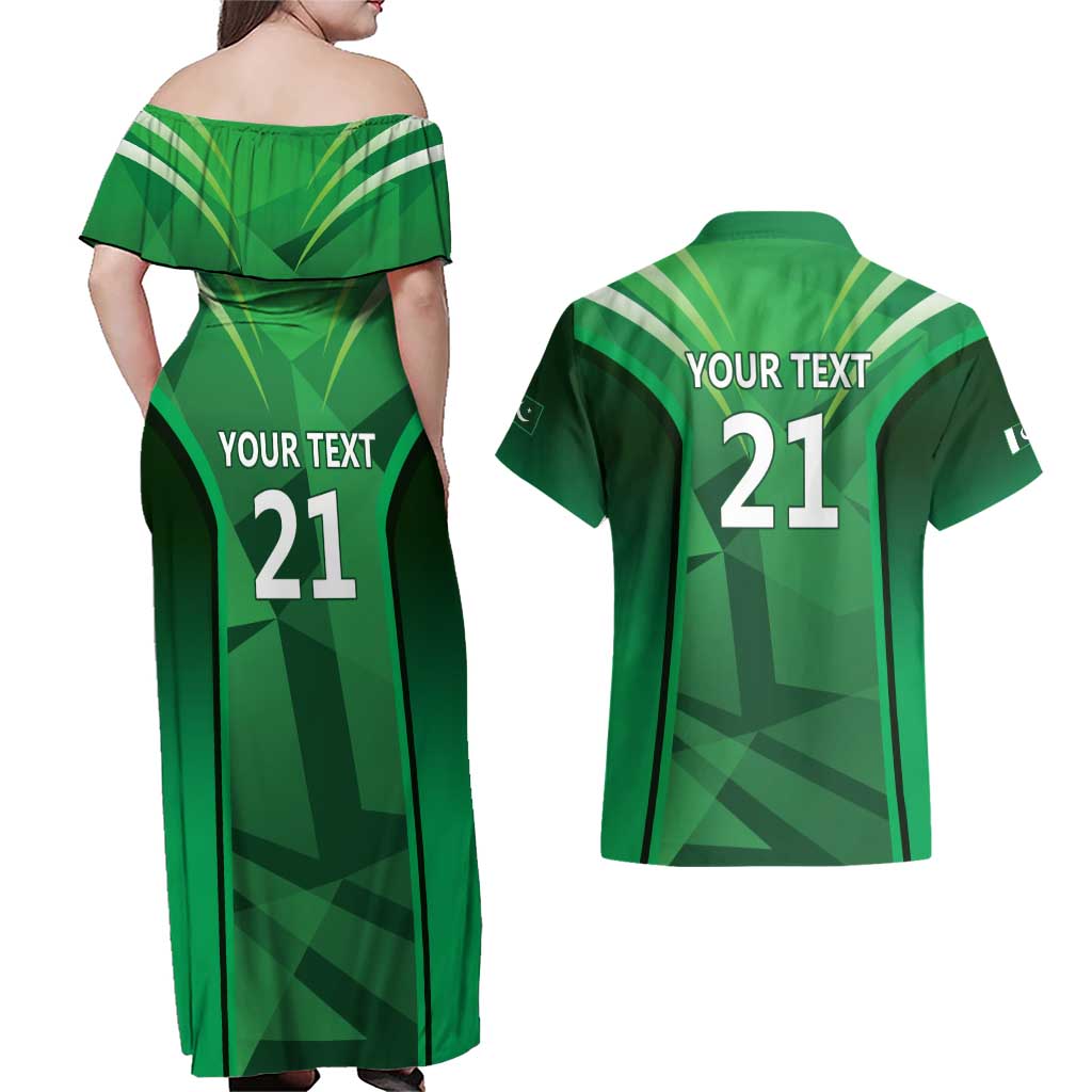 Pakistan Cricket Custom Couples Matching Off Shoulder Maxi Dress and Hawaiian Shirt The Green Shirts with Sporty Pattern