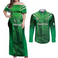 Pakistan Cricket Custom Couples Matching Off Shoulder Maxi Dress and Long Sleeve Button Shirt The Green Shirts with Sporty Pattern