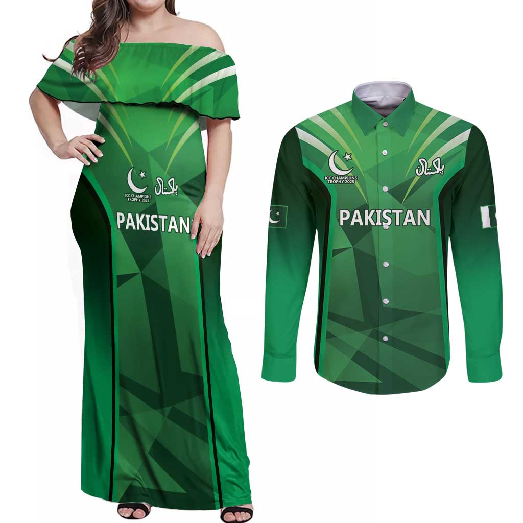 Pakistan Cricket Custom Couples Matching Off Shoulder Maxi Dress and Long Sleeve Button Shirt The Green Shirts with Sporty Pattern