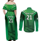 Pakistan Cricket Custom Couples Matching Off Shoulder Maxi Dress and Long Sleeve Button Shirt The Green Shirts with Sporty Pattern