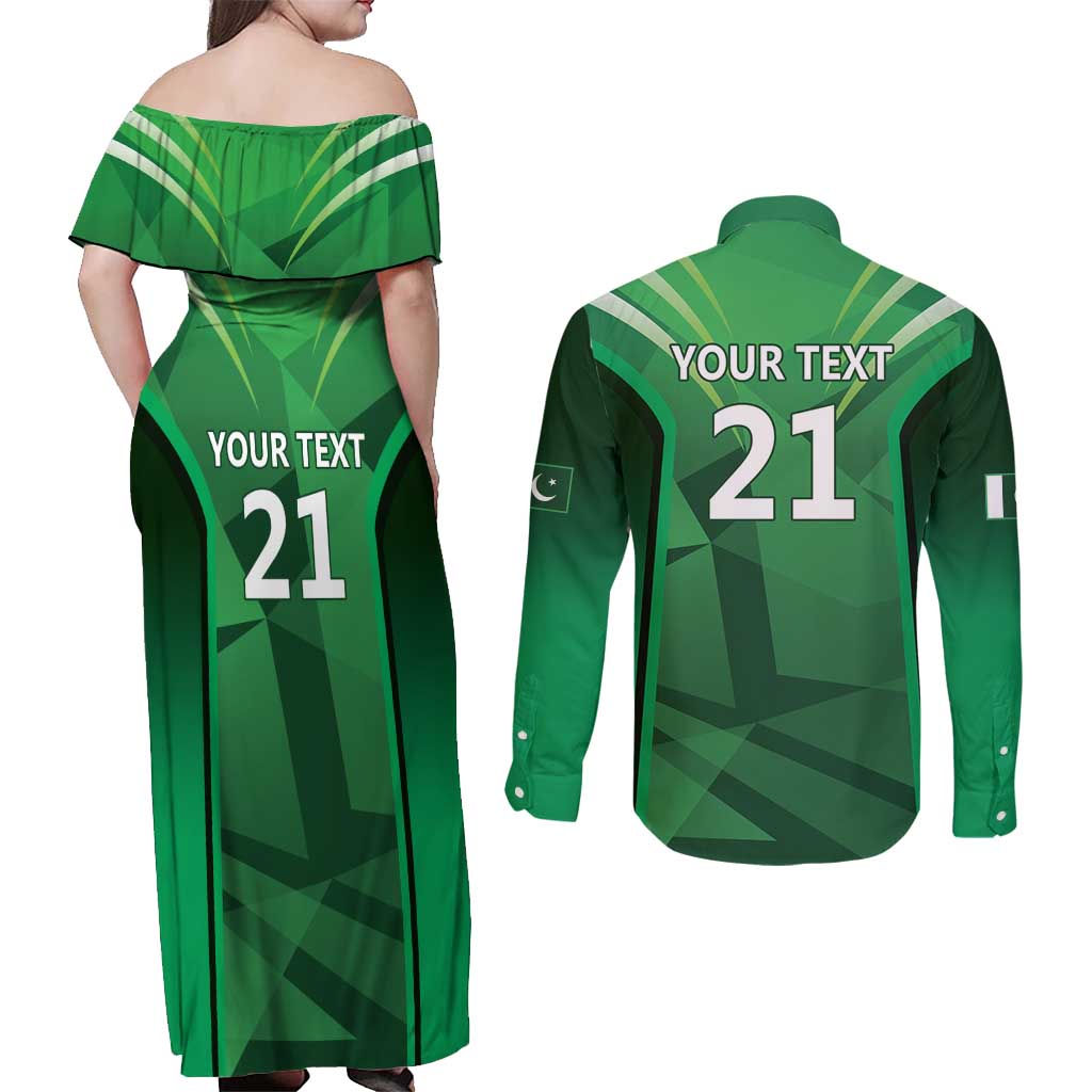 Pakistan Cricket Custom Couples Matching Off Shoulder Maxi Dress and Long Sleeve Button Shirt The Green Shirts with Sporty Pattern