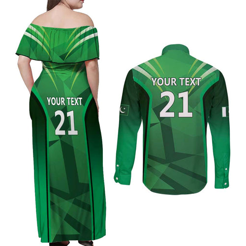 Pakistan Cricket Custom Couples Matching Off Shoulder Maxi Dress and Long Sleeve Button Shirt The Green Shirts with Sporty Pattern