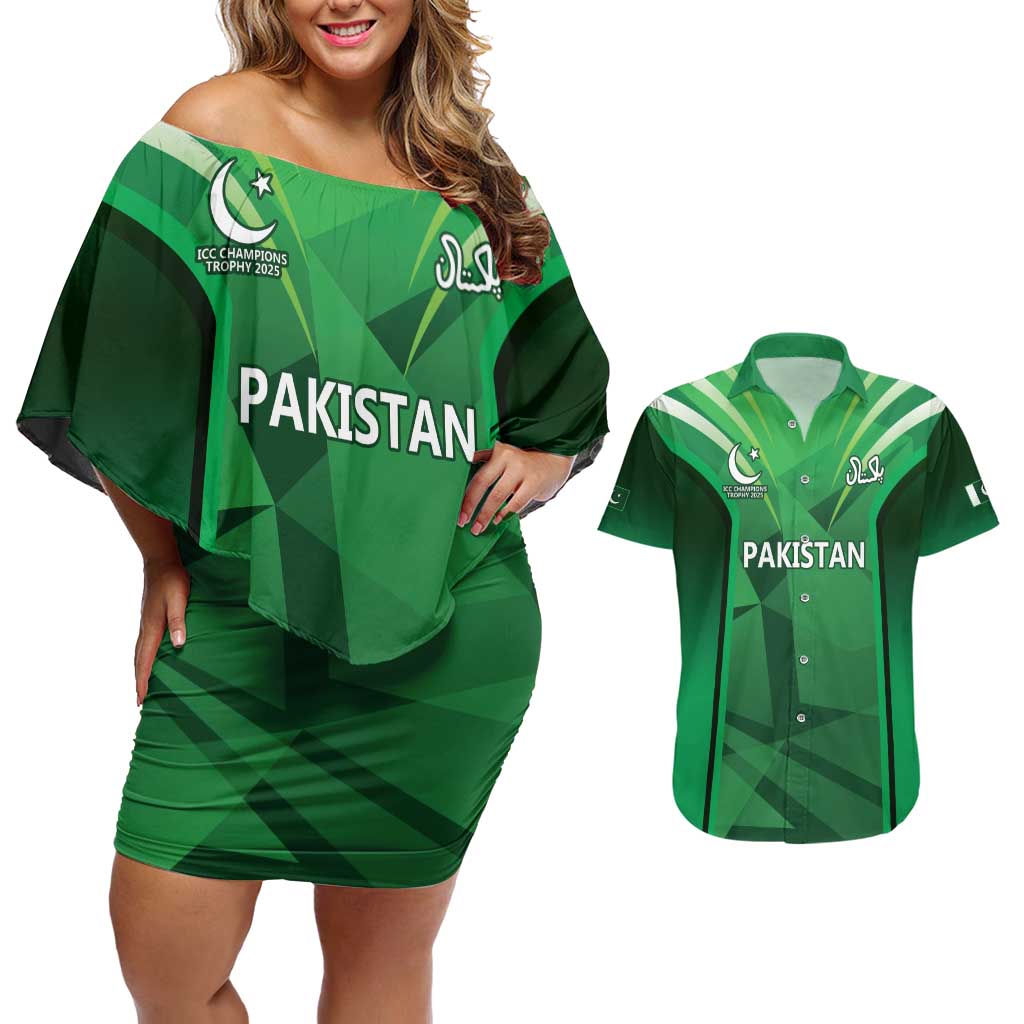 Pakistan Cricket Custom Couples Matching Off Shoulder Short Dress and Hawaiian Shirt The Green Shirts with Sporty Pattern