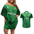 Pakistan Cricket Custom Couples Matching Off Shoulder Short Dress and Hawaiian Shirt The Green Shirts with Sporty Pattern