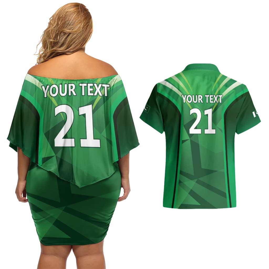 Pakistan Cricket Custom Couples Matching Off Shoulder Short Dress and Hawaiian Shirt The Green Shirts with Sporty Pattern