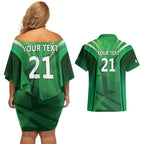 Pakistan Cricket Custom Couples Matching Off Shoulder Short Dress and Hawaiian Shirt The Green Shirts with Sporty Pattern