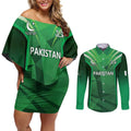 Pakistan Cricket Custom Couples Matching Off Shoulder Short Dress and Long Sleeve Button Shirt The Green Shirts with Sporty Pattern