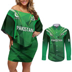 Pakistan Cricket Custom Couples Matching Off Shoulder Short Dress and Long Sleeve Button Shirt The Green Shirts with Sporty Pattern