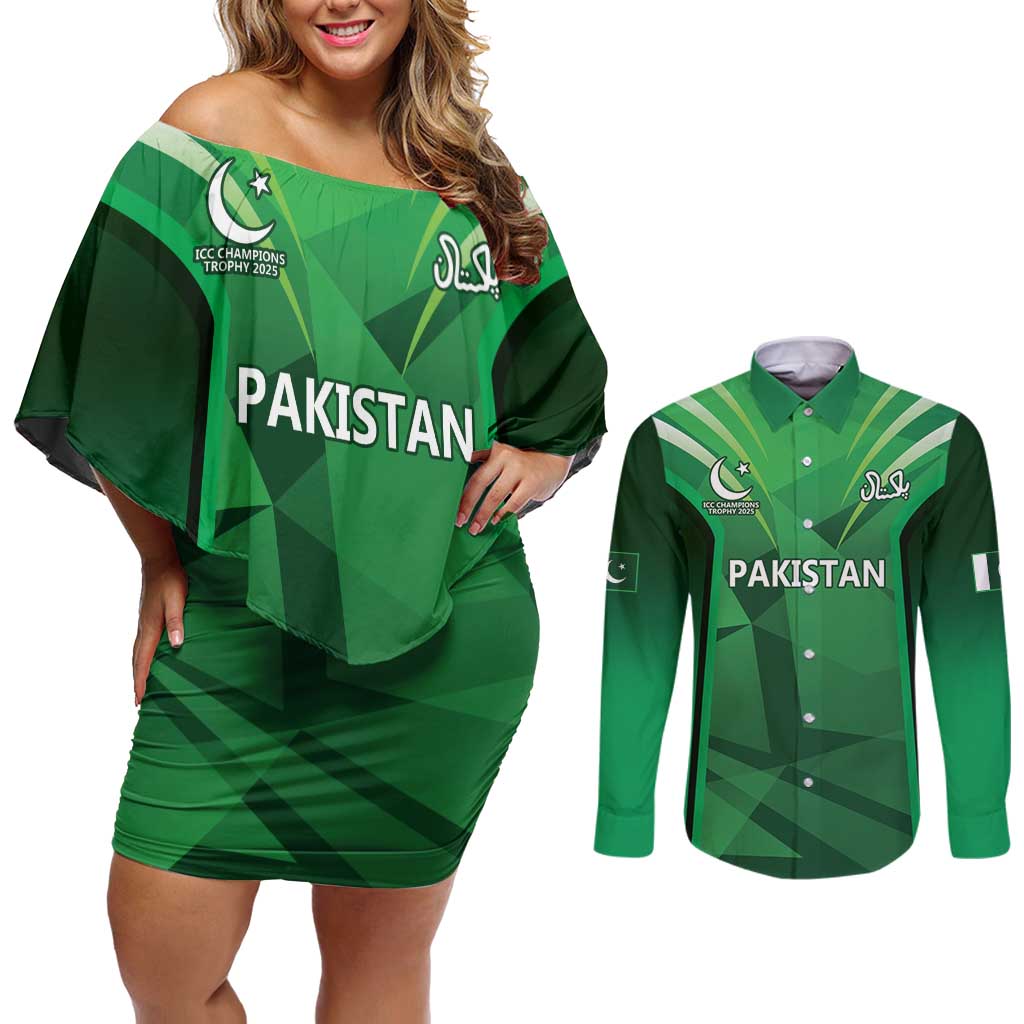 Pakistan Cricket Custom Couples Matching Off Shoulder Short Dress and Long Sleeve Button Shirt The Green Shirts with Sporty Pattern