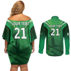 Pakistan Cricket Custom Couples Matching Off Shoulder Short Dress and Long Sleeve Button Shirt The Green Shirts with Sporty Pattern
