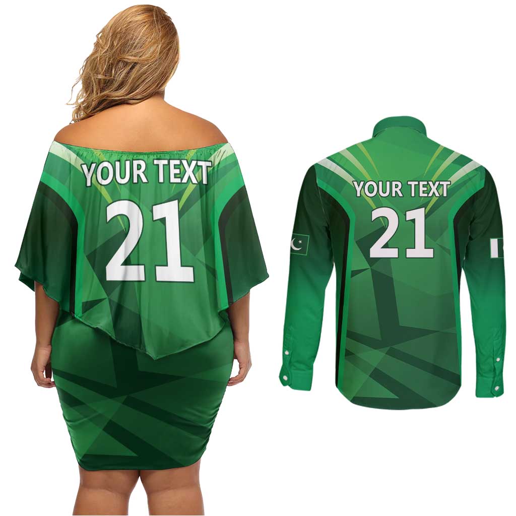 Pakistan Cricket Custom Couples Matching Off Shoulder Short Dress and Long Sleeve Button Shirt The Green Shirts with Sporty Pattern