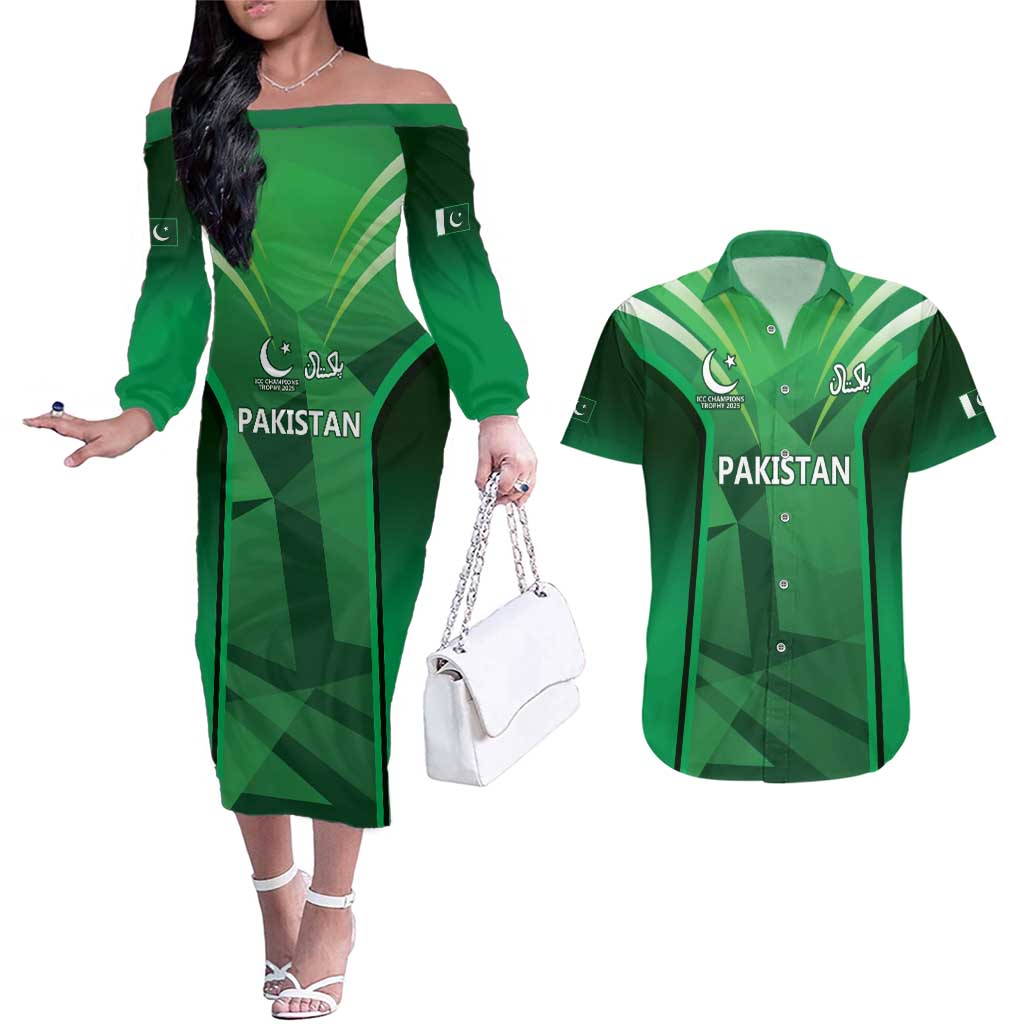 Pakistan Cricket Custom Couples Matching Off The Shoulder Long Sleeve Dress and Hawaiian Shirt The Green Shirts with Sporty Pattern