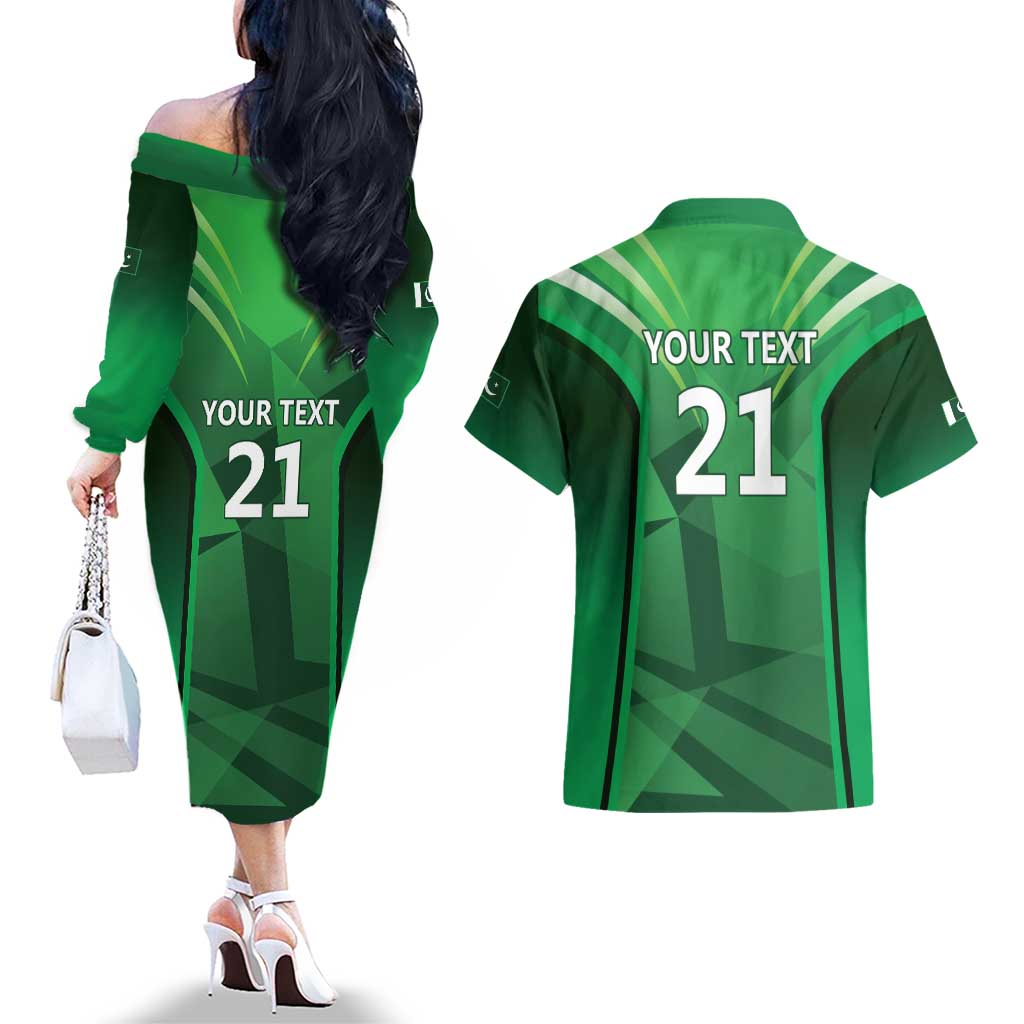 Pakistan Cricket Custom Couples Matching Off The Shoulder Long Sleeve Dress and Hawaiian Shirt The Green Shirts with Sporty Pattern