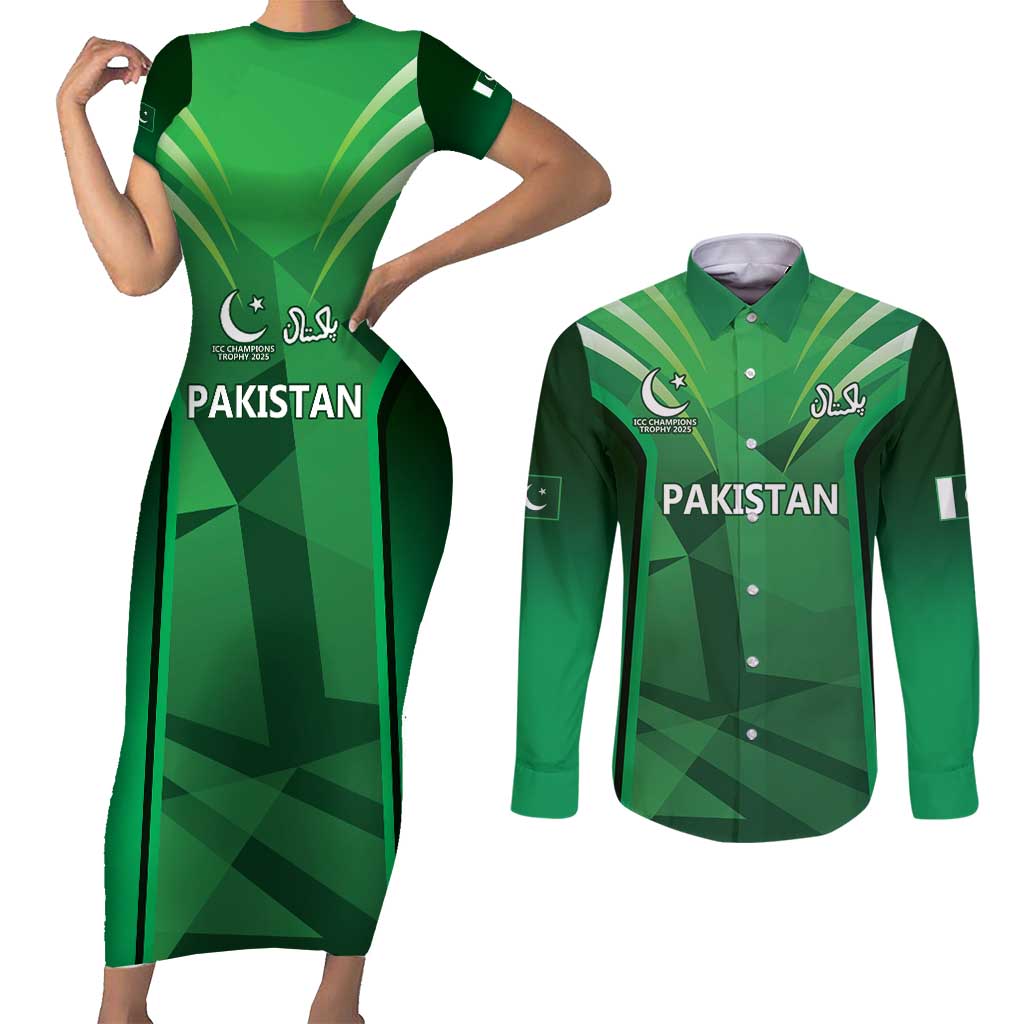Pakistan Cricket Custom Couples Matching Short Sleeve Bodycon Dress and Long Sleeve Button Shirt The Green Shirts with Sporty Pattern
