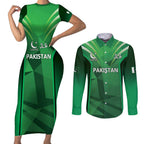 Pakistan Cricket Custom Couples Matching Short Sleeve Bodycon Dress and Long Sleeve Button Shirt The Green Shirts with Sporty Pattern