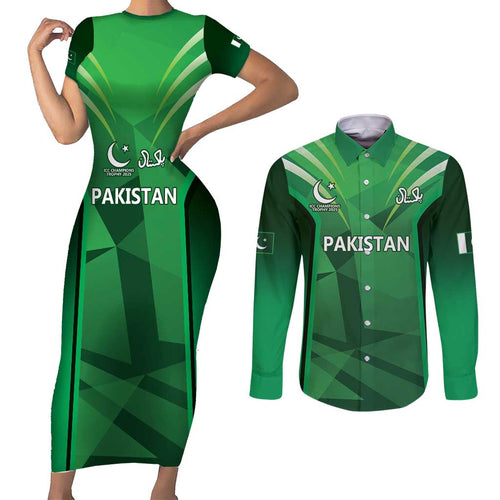 Pakistan Cricket Custom Couples Matching Short Sleeve Bodycon Dress and Long Sleeve Button Shirt The Green Shirts with Sporty Pattern