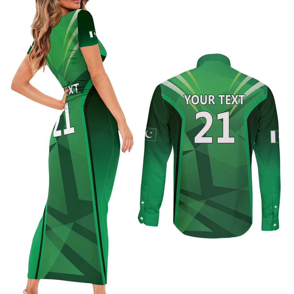 Pakistan Cricket Custom Couples Matching Short Sleeve Bodycon Dress and Long Sleeve Button Shirt The Green Shirts with Sporty Pattern