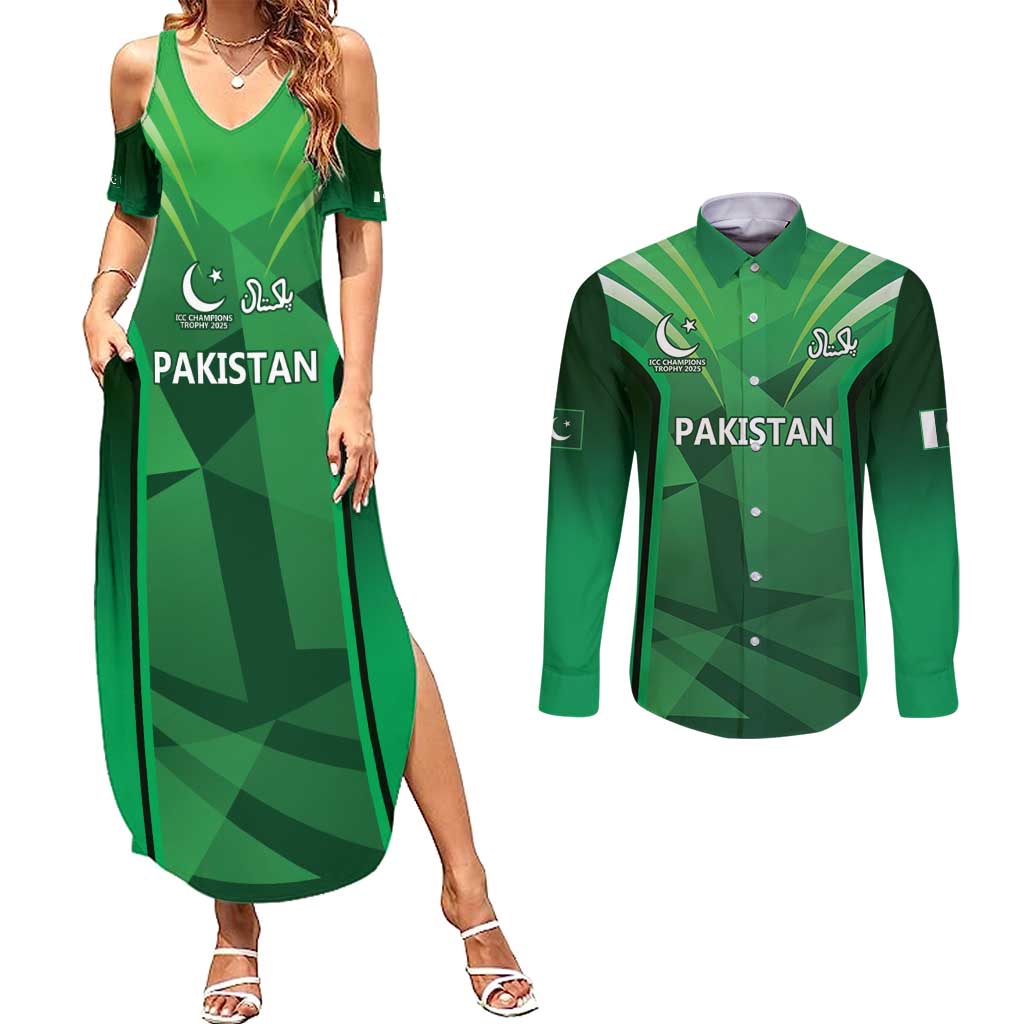 Pakistan Cricket Custom Couples Matching Summer Maxi Dress and Long Sleeve Button Shirt The Green Shirts with Sporty Pattern