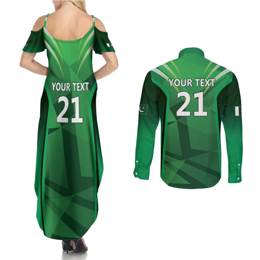 Pakistan Cricket Custom Couples Matching Summer Maxi Dress and Long Sleeve Button Shirt The Green Shirts with Sporty Pattern