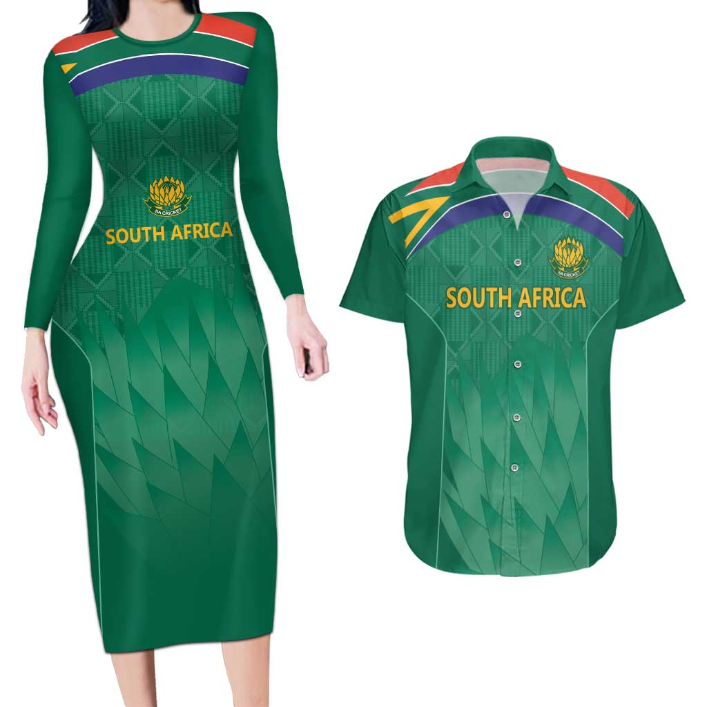 South Africa Cricket Custom Couples Matching Long Sleeve Bodycon Dress and Hawaiian Shirt Proteas Green