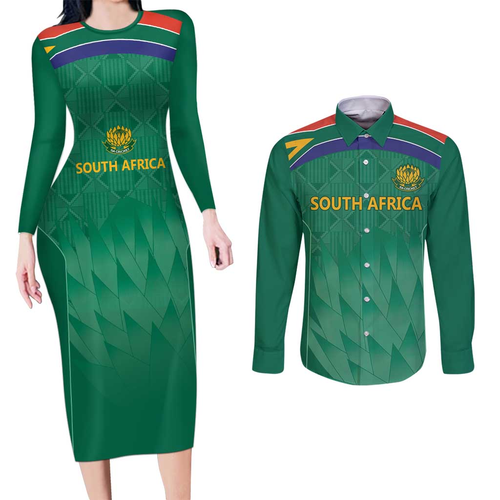 South Africa Cricket Custom Couples Matching Long Sleeve Bodycon Dress and Long Sleeve Button Shirt Proteas Green