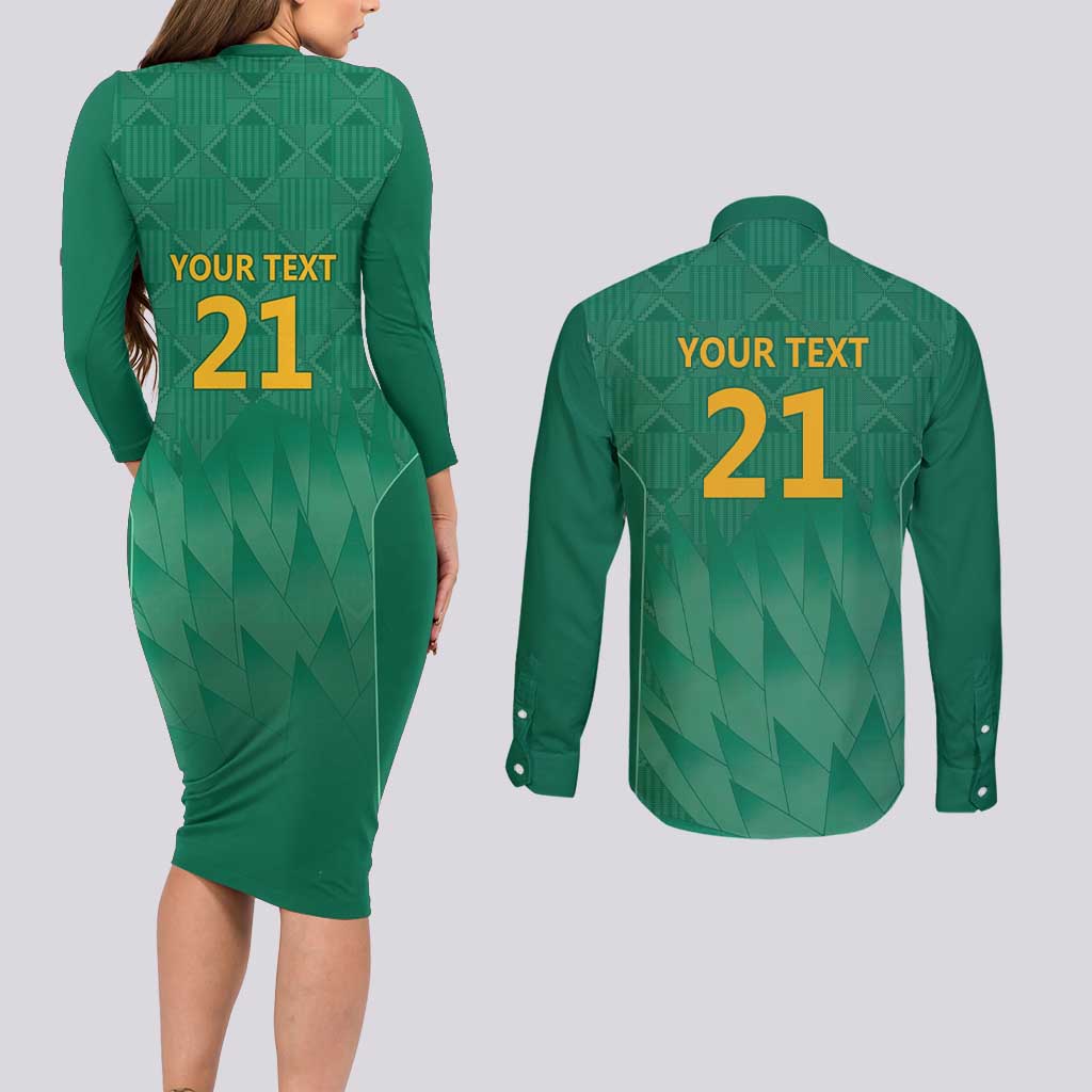 South Africa Cricket Custom Couples Matching Long Sleeve Bodycon Dress and Long Sleeve Button Shirt Proteas Green