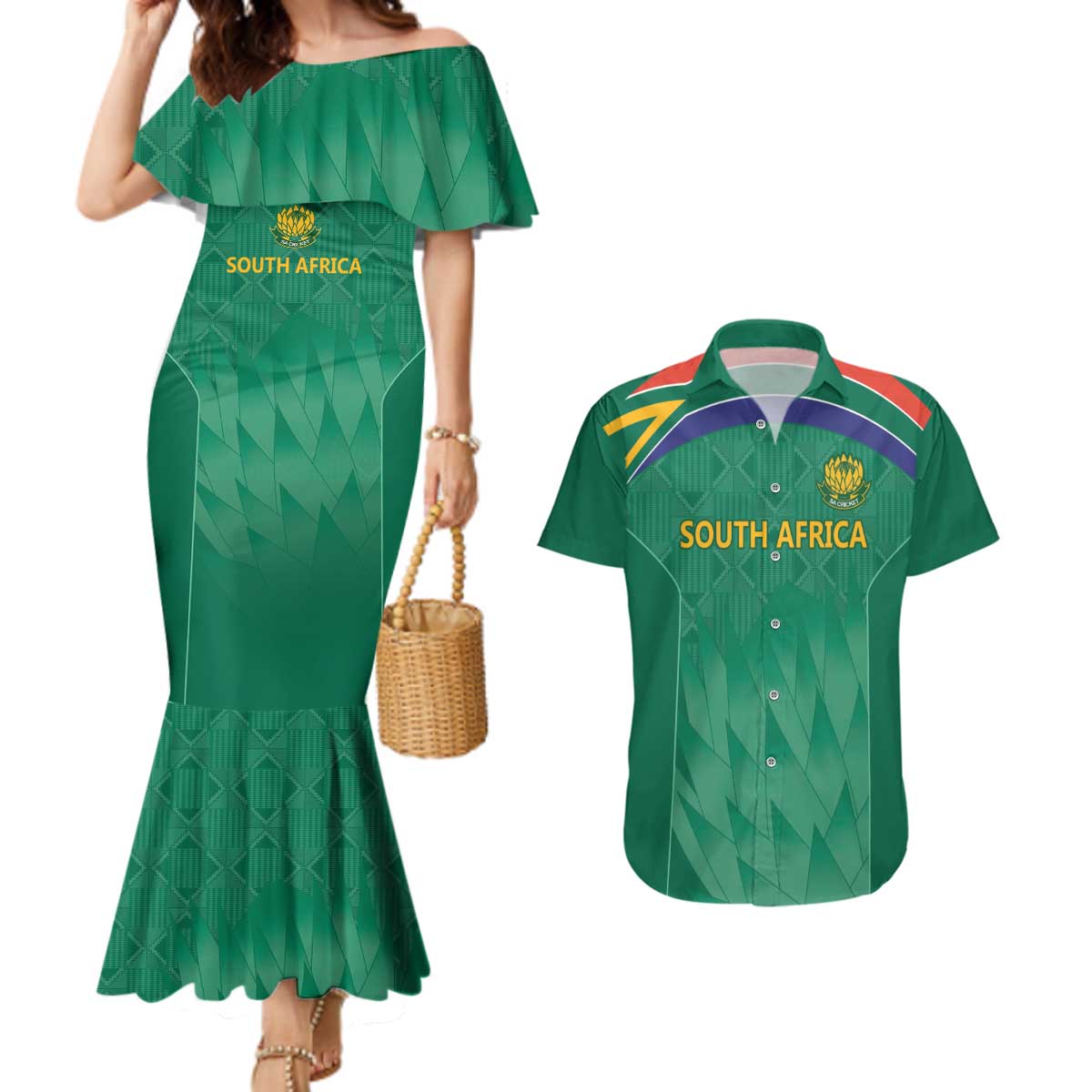 South Africa Cricket Custom Couples Matching Mermaid Dress and Hawaiian Shirt Proteas Green