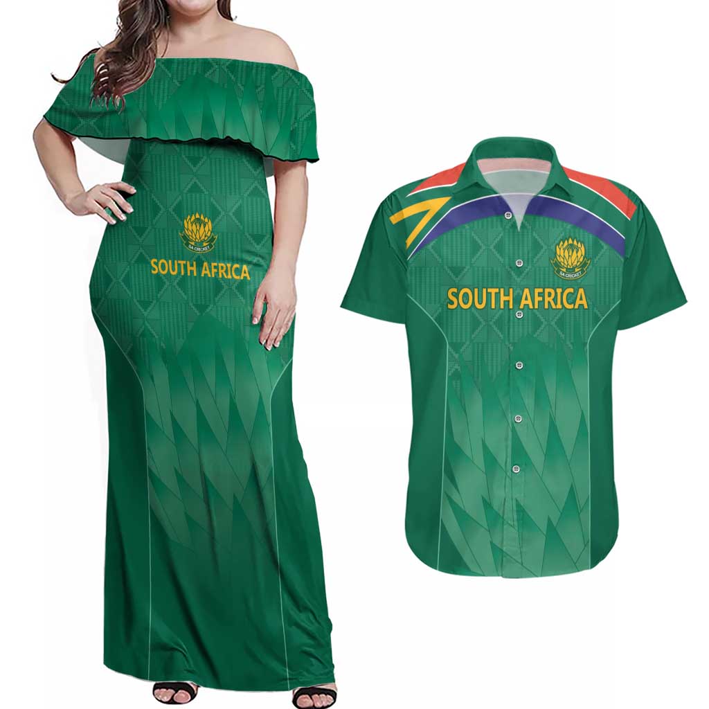 South Africa Cricket Custom Couples Matching Off Shoulder Maxi Dress and Hawaiian Shirt Proteas Green
