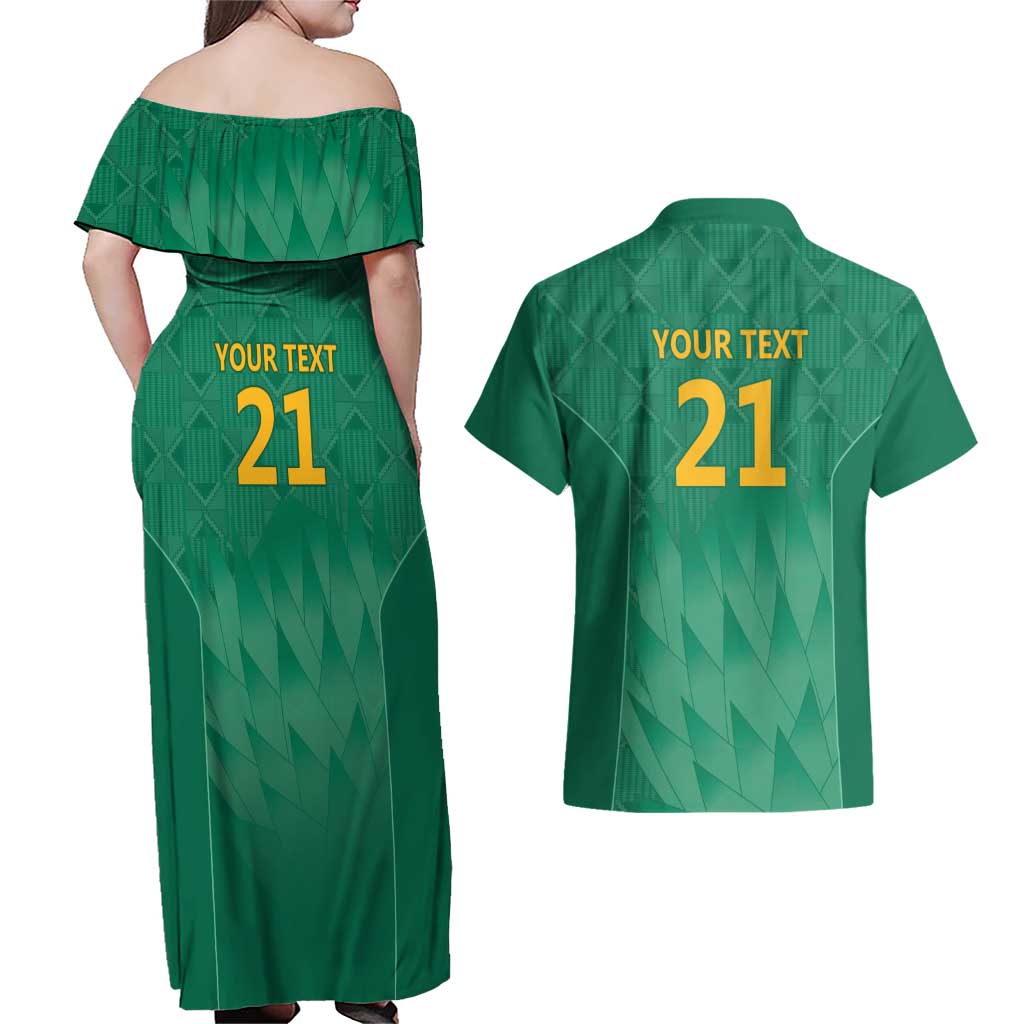 South Africa Cricket Custom Couples Matching Off Shoulder Maxi Dress and Hawaiian Shirt Proteas Green
