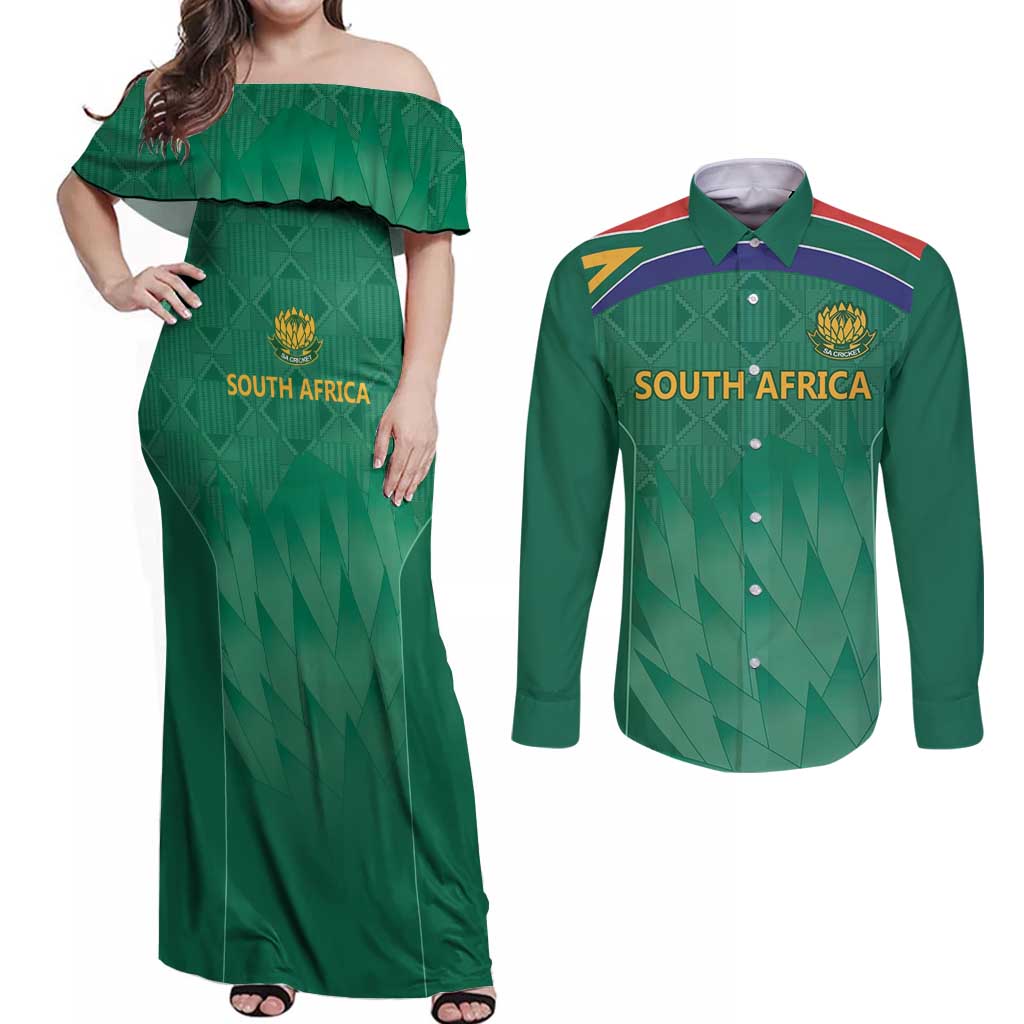 South Africa Cricket Custom Couples Matching Off Shoulder Maxi Dress and Long Sleeve Button Shirt Proteas Green