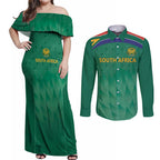 South Africa Cricket Custom Couples Matching Off Shoulder Maxi Dress and Long Sleeve Button Shirt Proteas Green