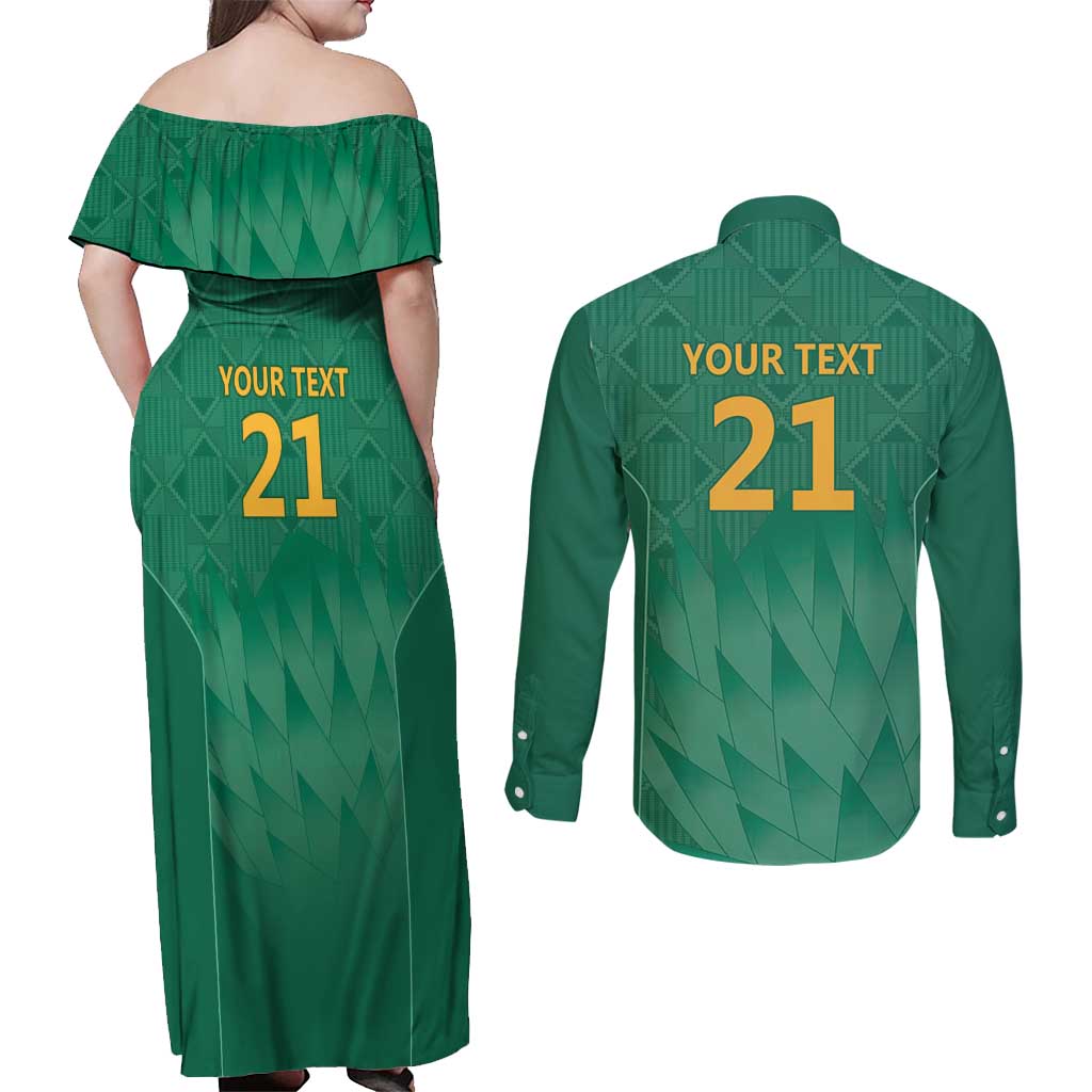 South Africa Cricket Custom Couples Matching Off Shoulder Maxi Dress and Long Sleeve Button Shirt Proteas Green