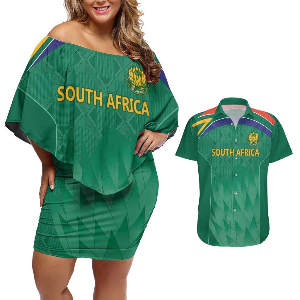 South Africa Cricket Custom Couples Matching Off Shoulder Short Dress and Hawaiian Shirt Proteas Green